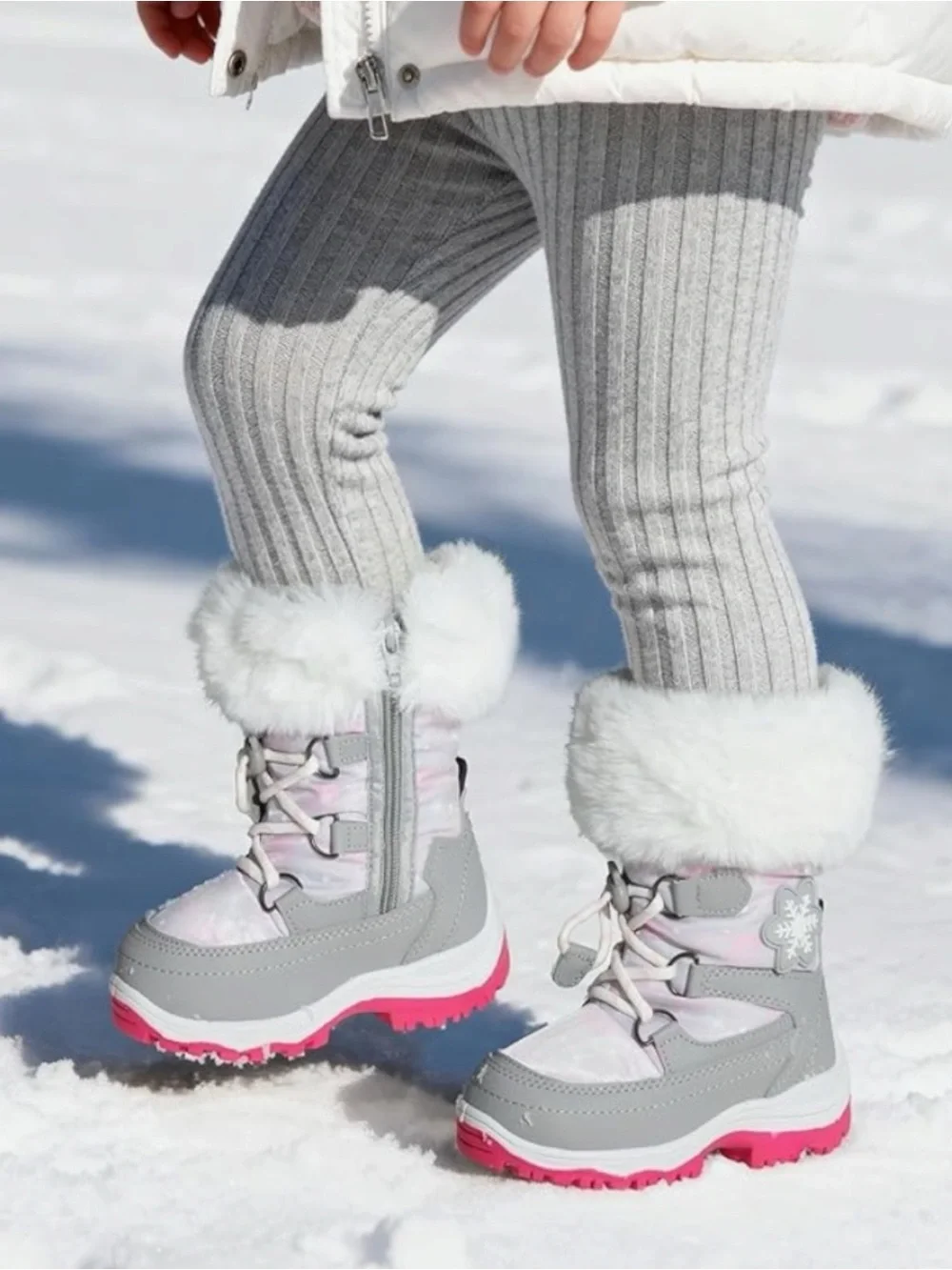 Dream Paris Girls Toddler Pink and Gray Snow Boots with Faux Fur Trim Size 4T